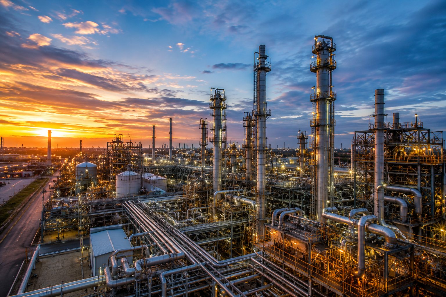 Refinery operations at sunset